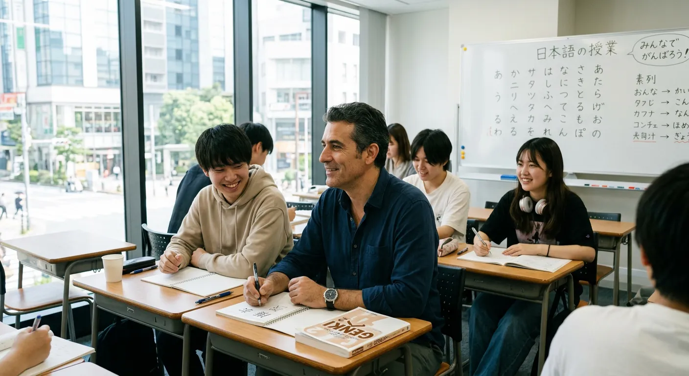 Castellano de 40 años en clase de japonés con estudiantes jóvenes