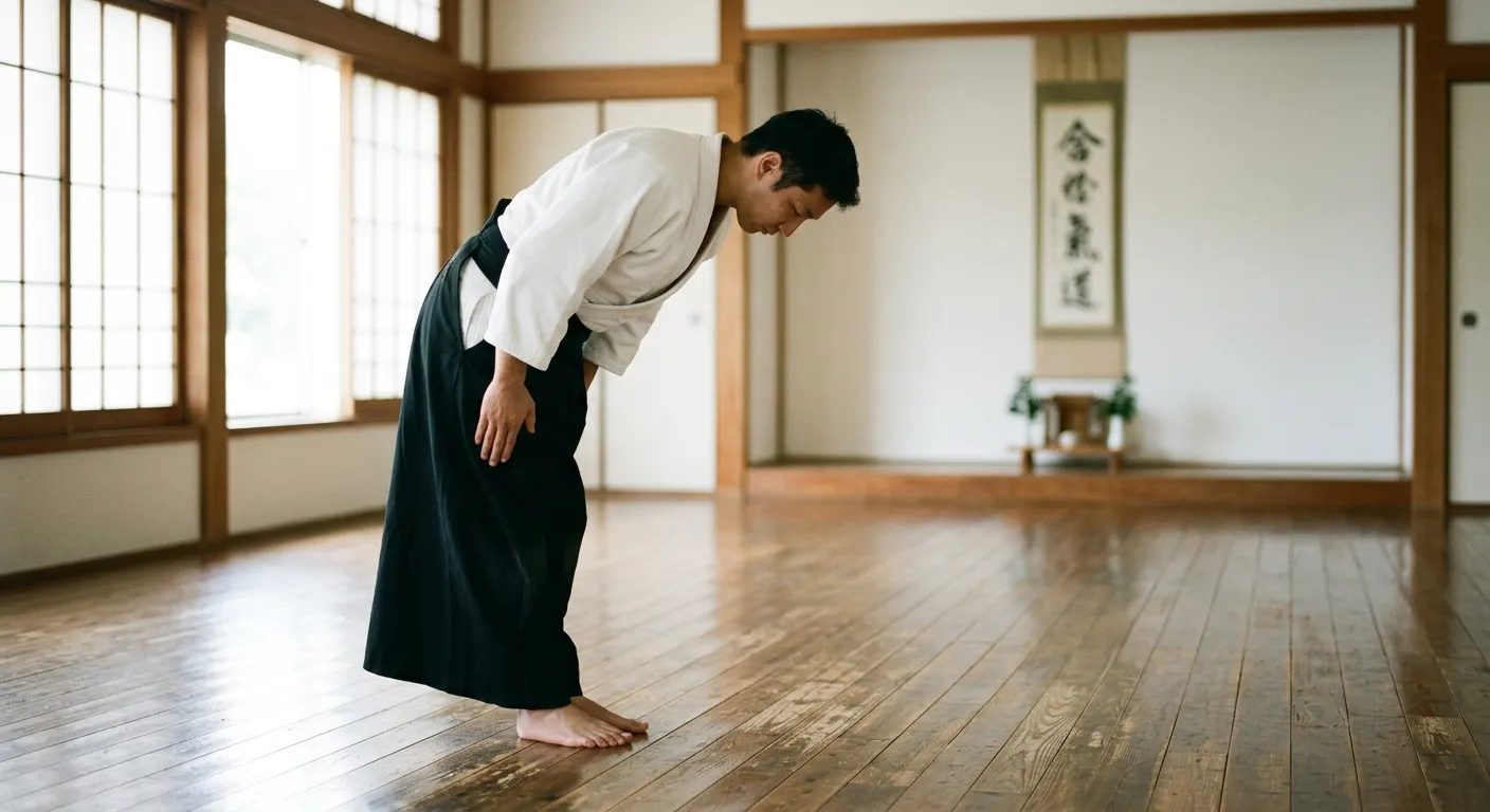 Practicante de budō en hakama haciendo una reverencia en un dojo tradicional, la filosofía del camino marcial