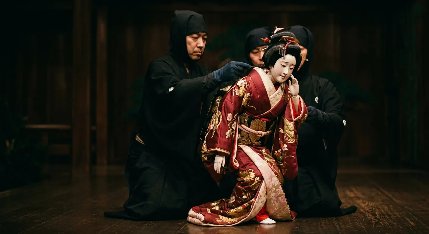 Marioneta de bunraku manejada por tres titiriteros vestidos de negro, el teatro de marionetas japonés que cobra alma
