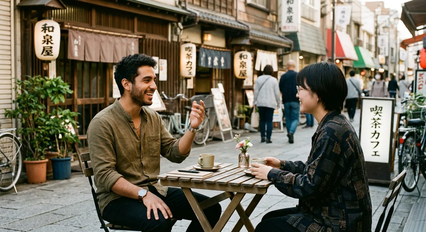 Joven latino conversando con una persona japonesa en una cafetería al aire libre en Tokio
