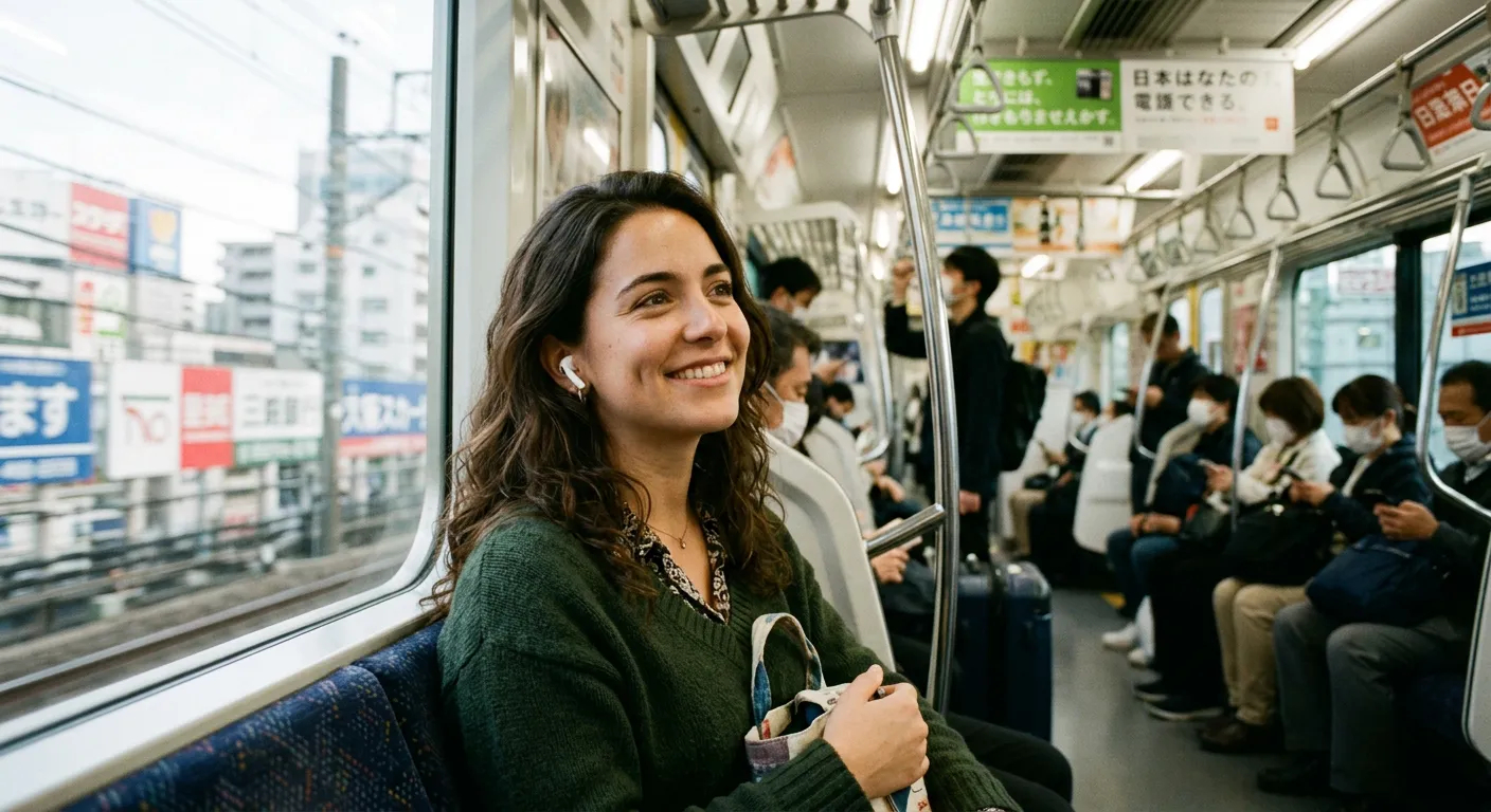 Joven castellana con auriculares entendiendo anuncio del tren en Tokio