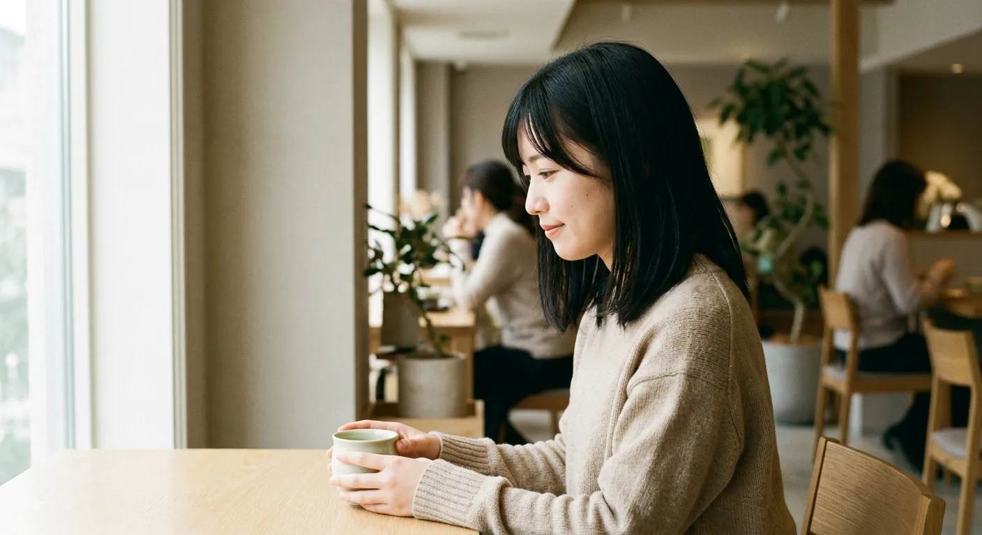 Mujer japonesa con la mirada suavemente desviada en una conversación, simbolizando la cultura del contacto visual