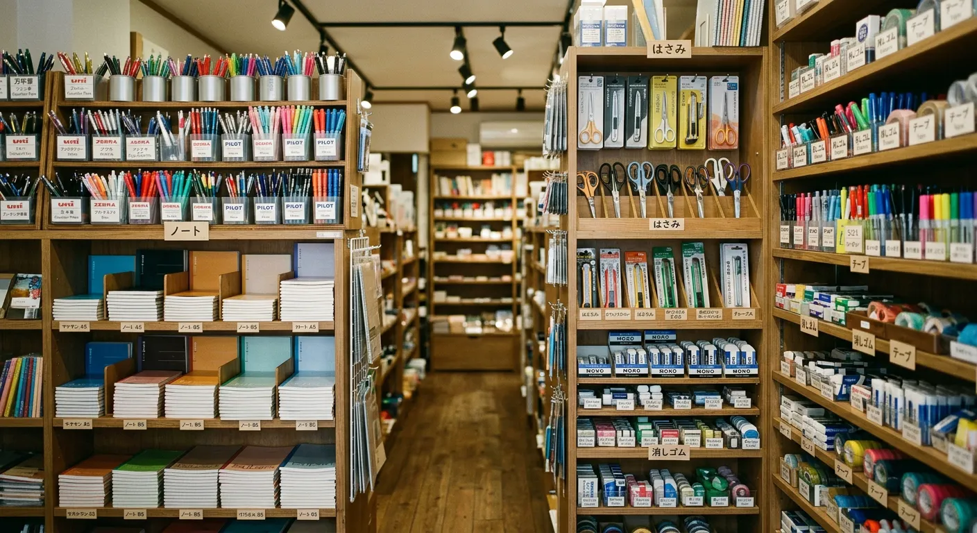 Tienda de papelería japonesa con objetos clasificados
