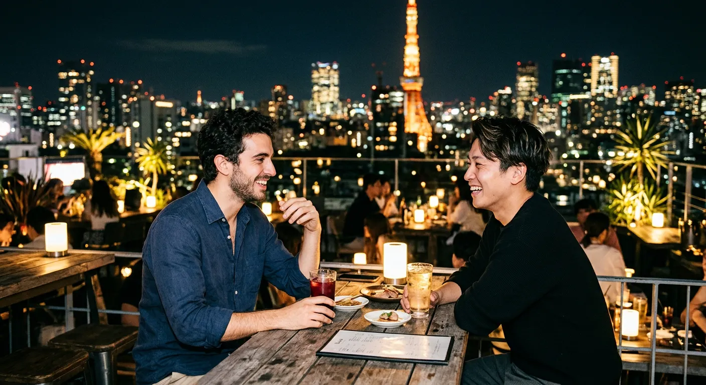 Joven castellano conversando con amigo japonés en bar de azotea en Tokio