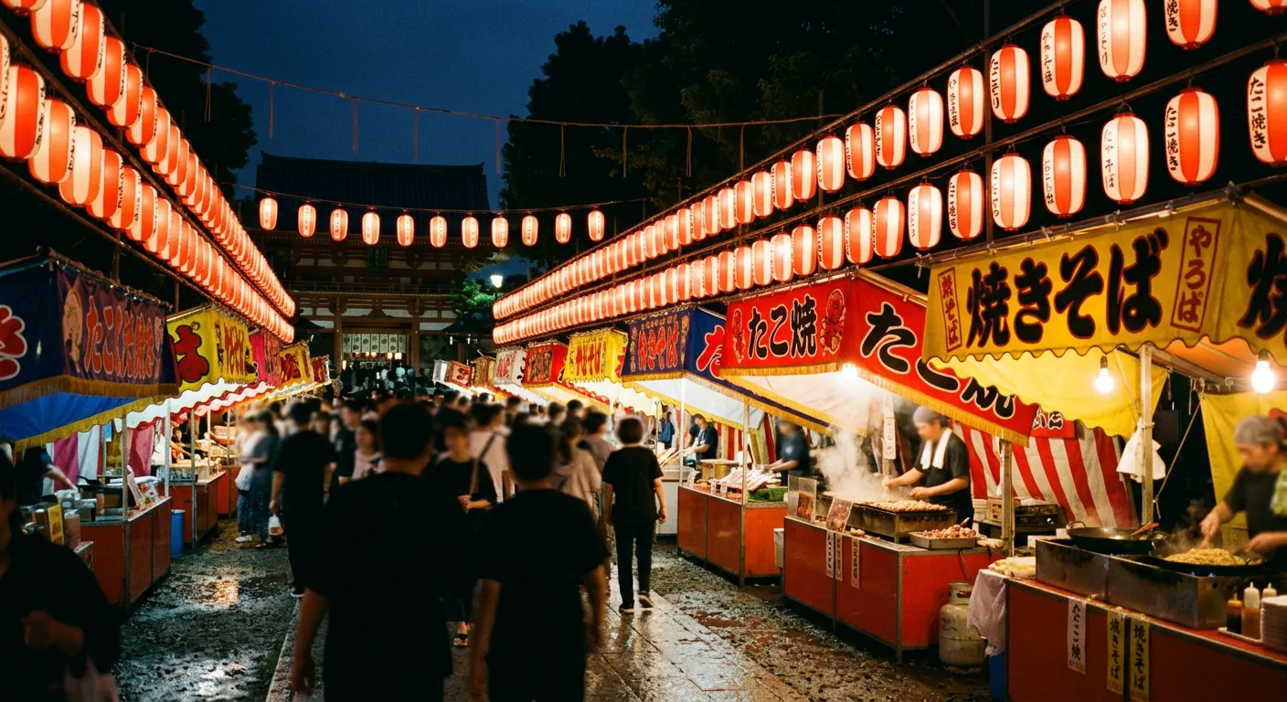 Noche de festival de verano con farolillos y puestos de comida