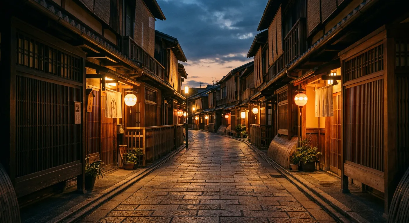 Distrito de Gion en Kioto al atardecer con casas tradicionales y farolillos