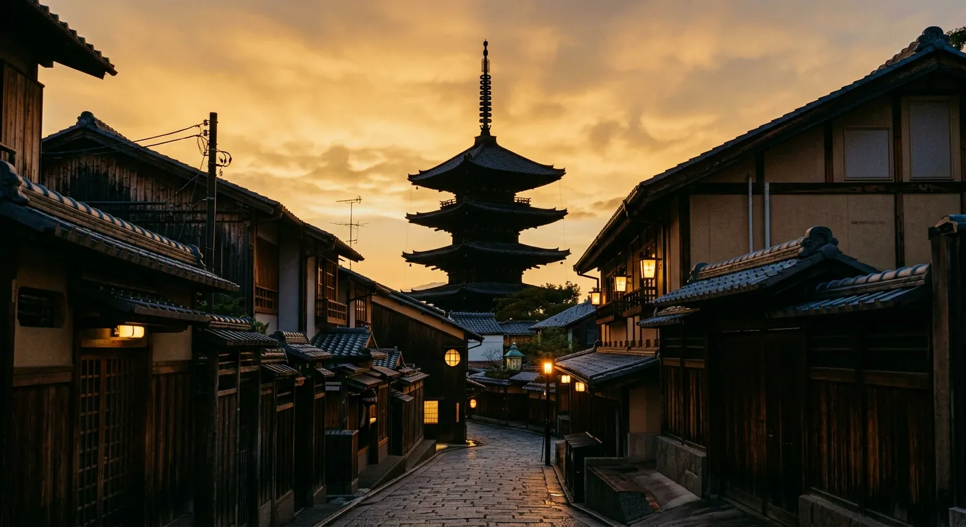 Distrito de Gion en Kioto al atardecer con pagoda
