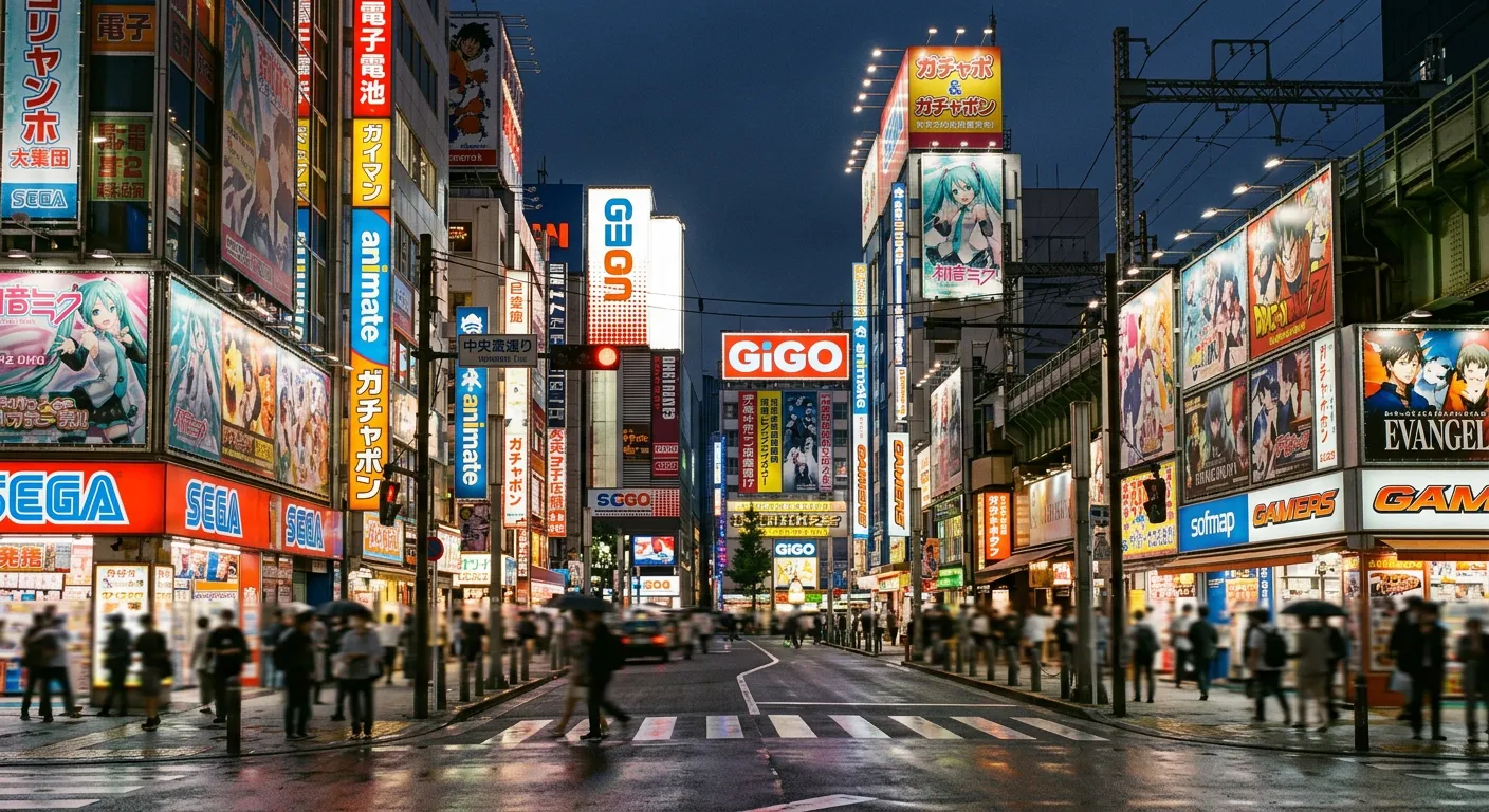 Calle de Akihabara con pósters de anime y neones