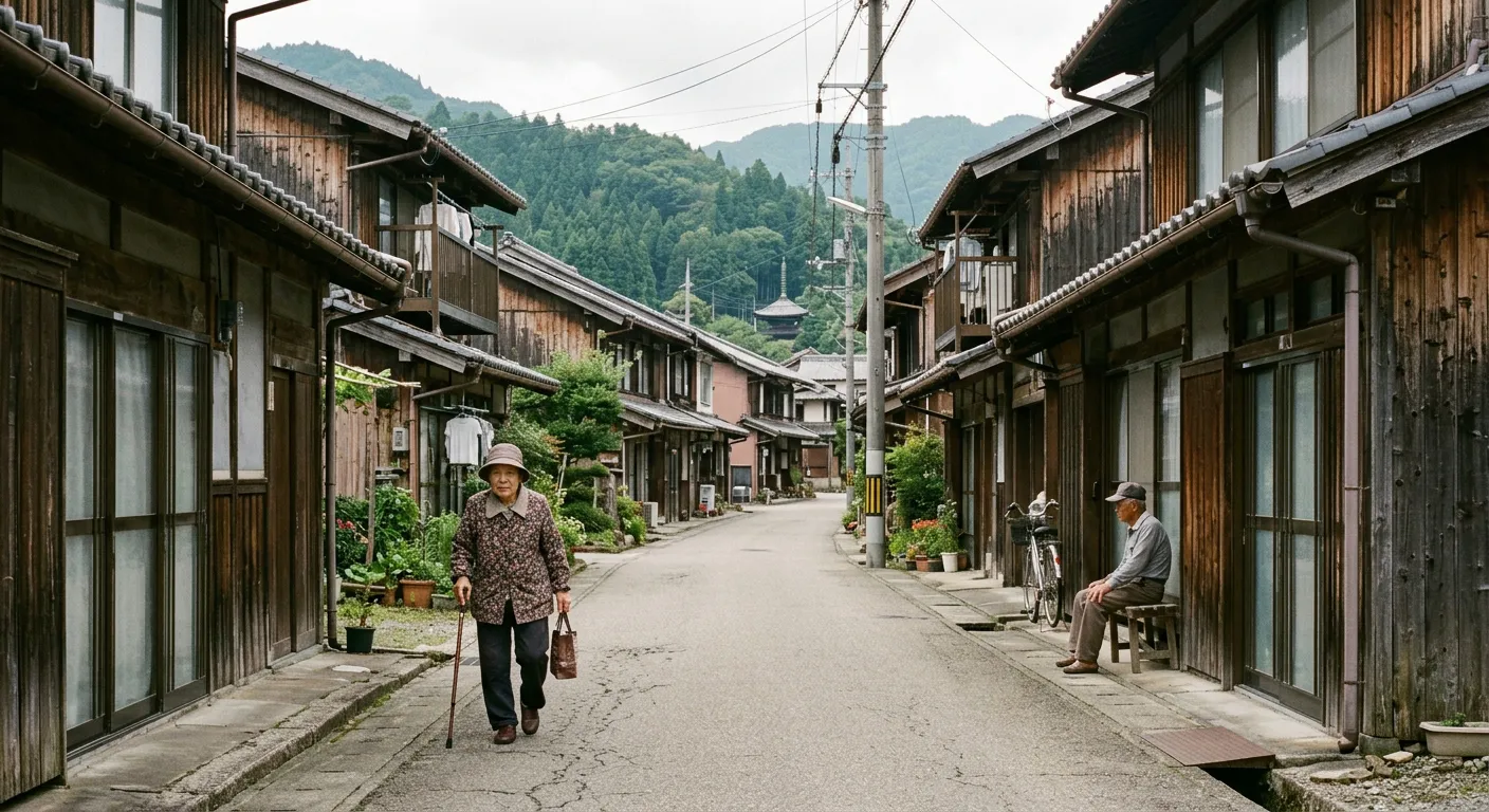 Un pueblo japones tranquilo con algunos ancianos y calles casi vacias