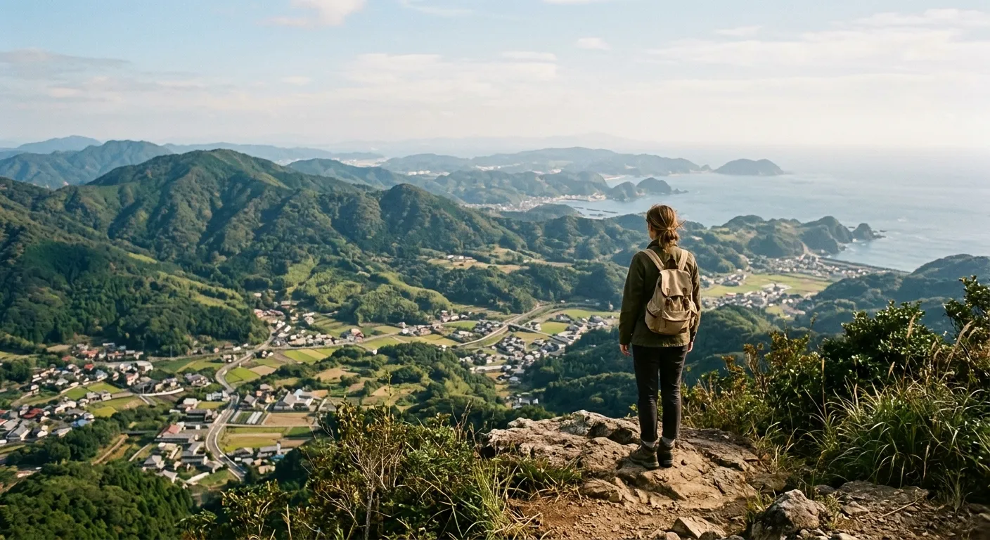 Viajero contemplando un paisaje japonés variado de montañas y costa, la diversidad regional de Japón