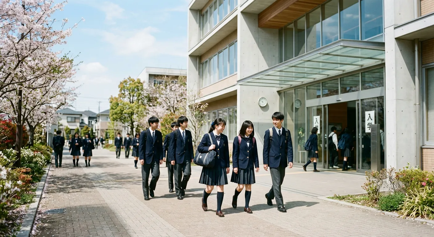 Estudiantes japoneses con uniforme entran a una escuela moderna por la manana