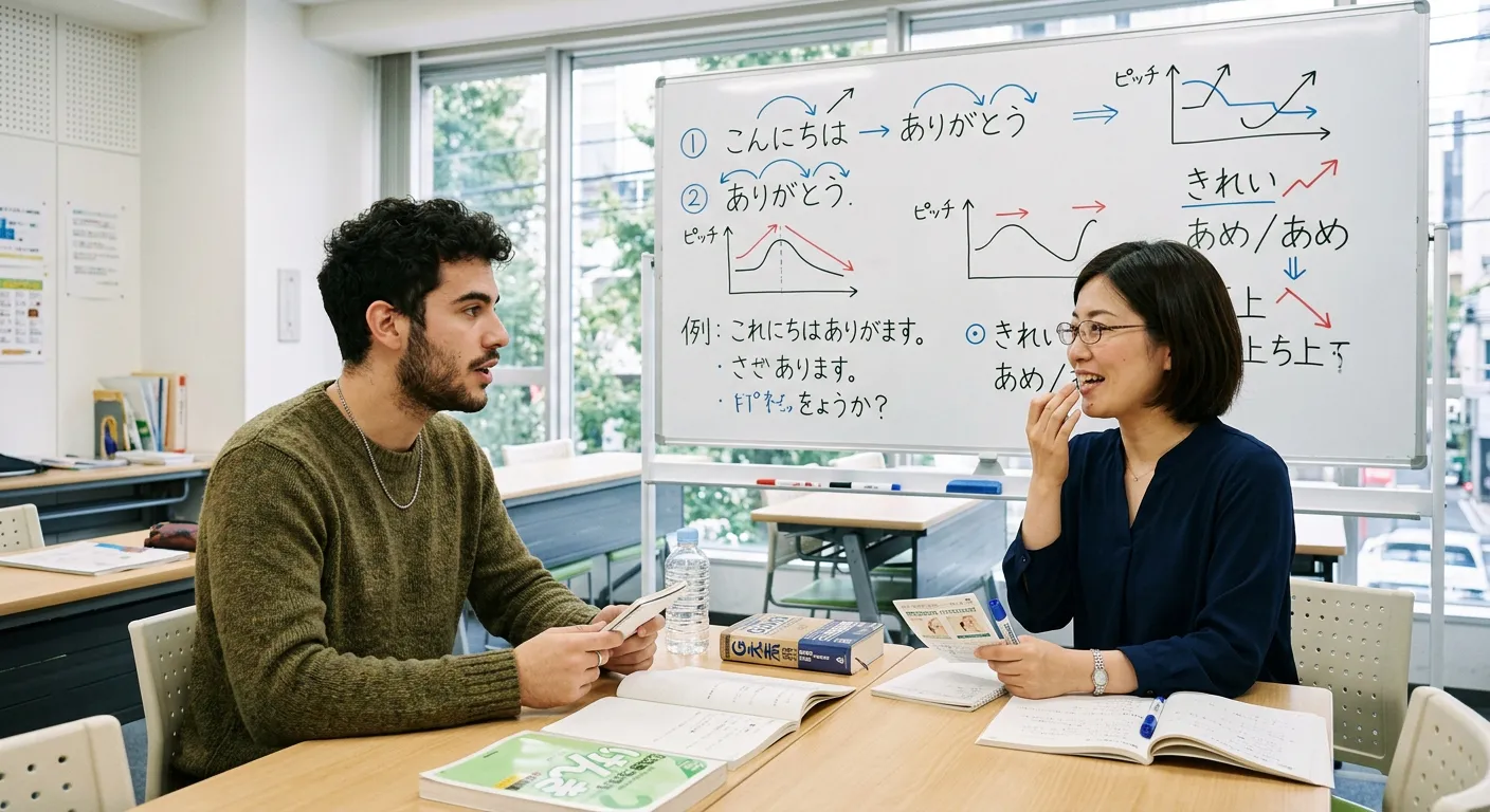 Joven castellano practicando pronunciación con profesora en escuela de japonés