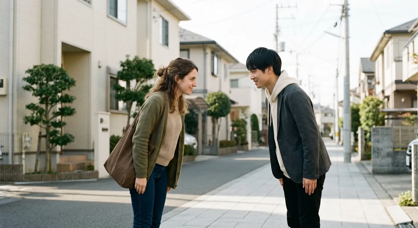 Saludo intercultural entre una hispanohablante y un japonés manteniendo distancia respetuosa con una pequeña reverencia