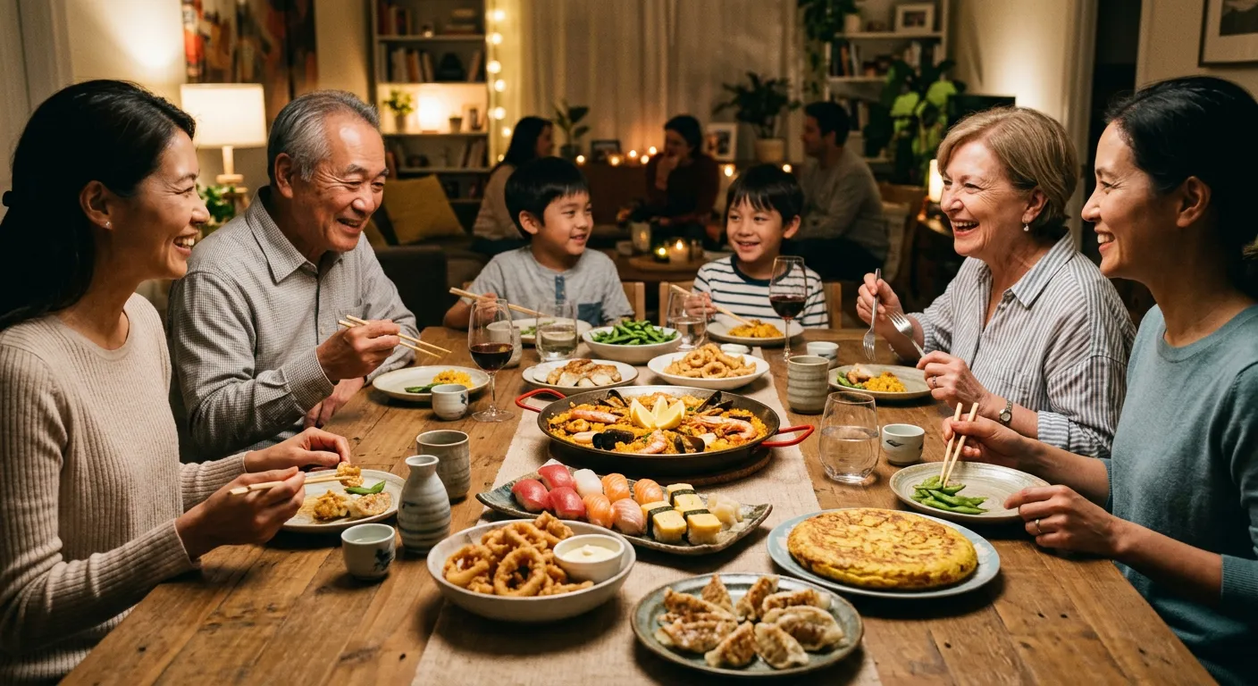 Una mesa familiar con platos japoneses y espanoles juntos