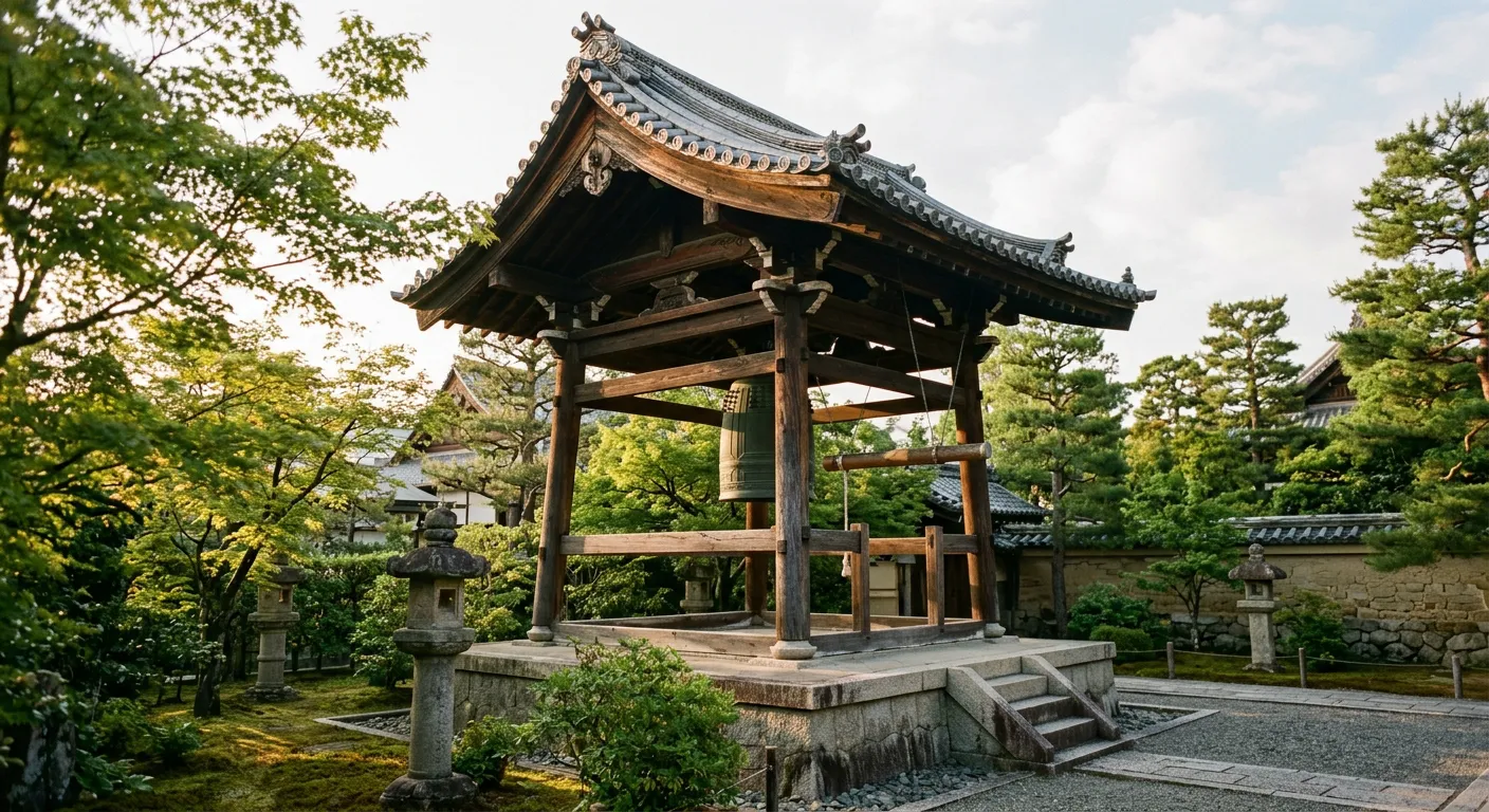 Torre de campana de templo en Kioto con luz matutina