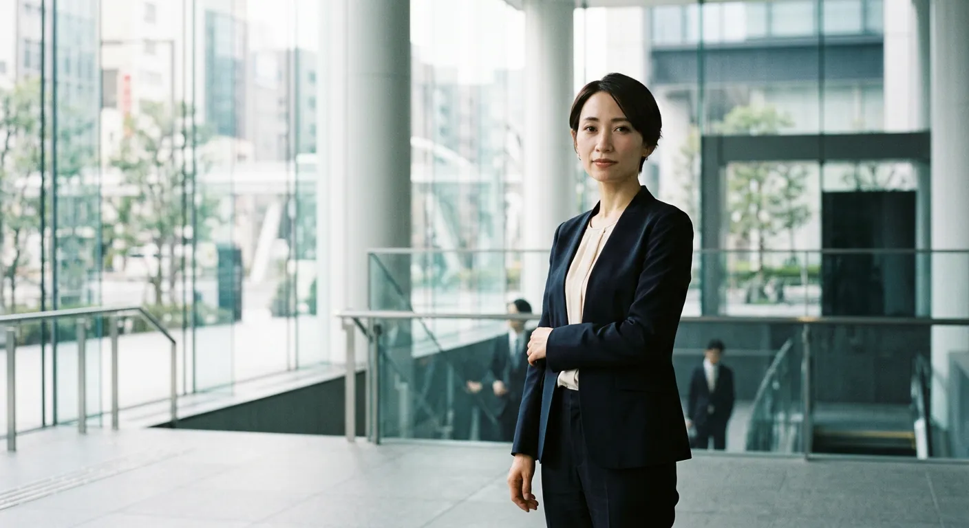 Una mujer profesional japonesa mira al frente con determinacion serena