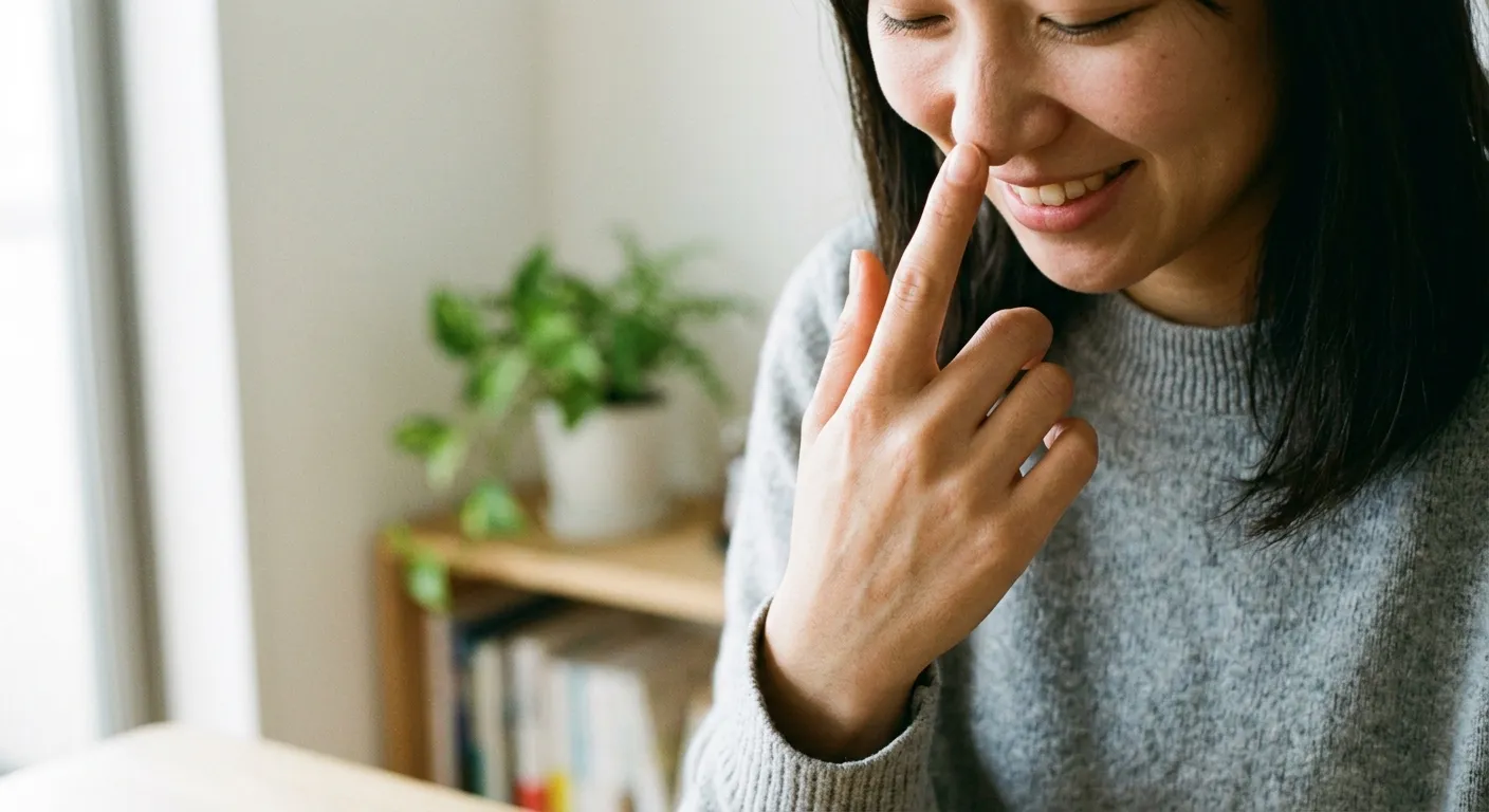Mujer japonesa señalándose la nariz, el gesto típico japonés para referirse a uno mismo