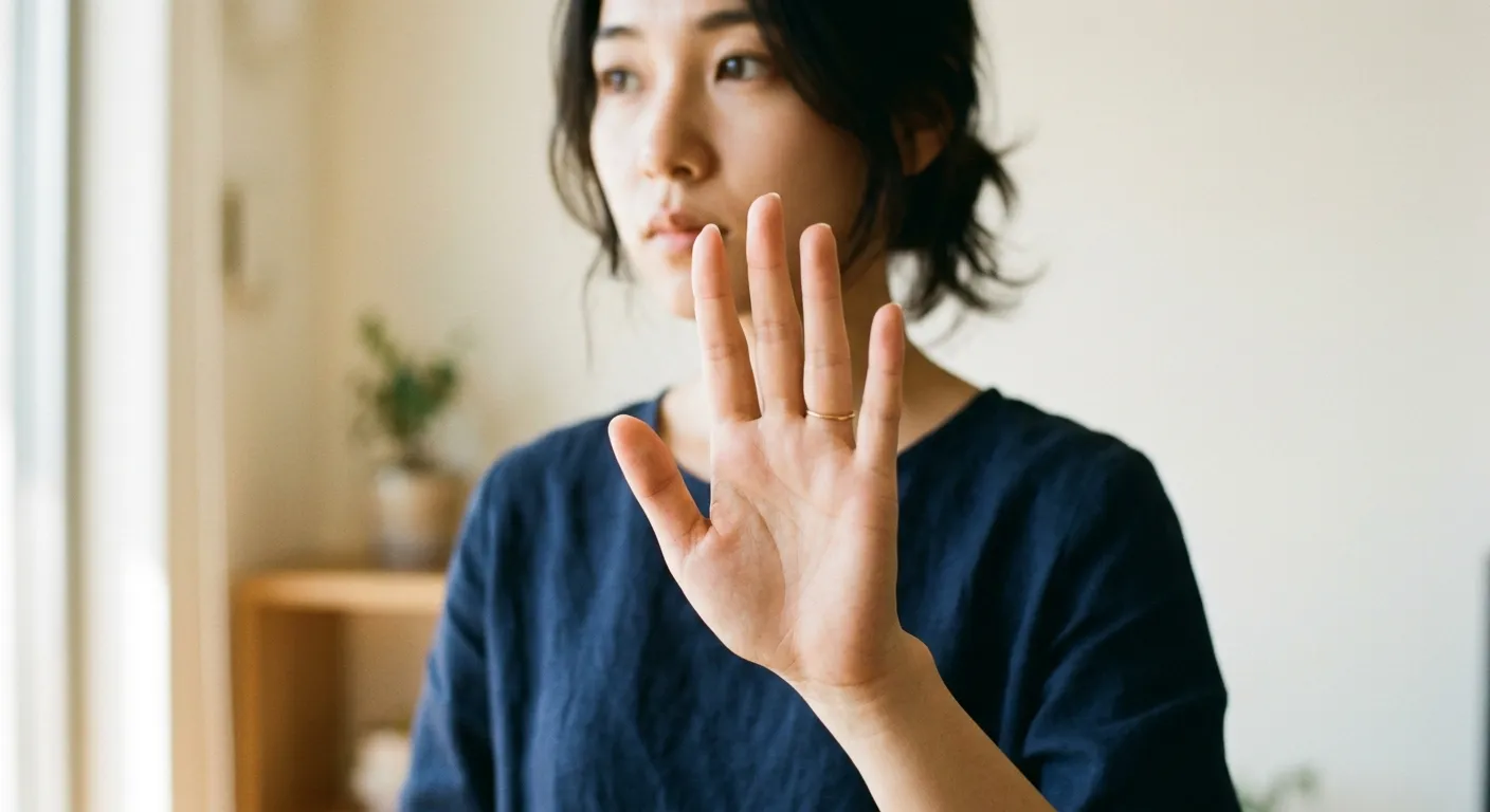 Mujer japonesa con la mano levantada en gesto sutil de detener o esperar, simbolizando los límites culturales
