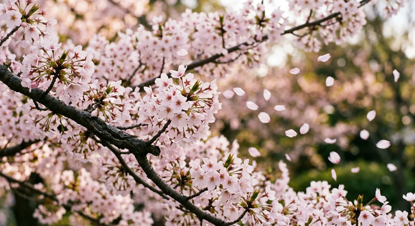 Ramas de cerezo en plena floracion con petalos al viento