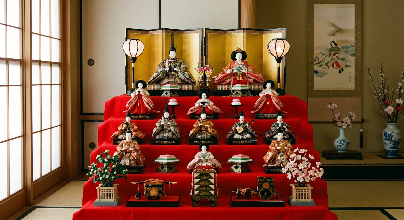 Un altar completo de munecas hina en gradas rojas