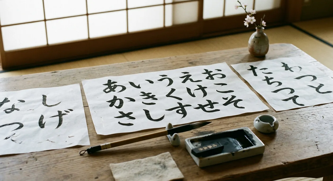 Caligrafía japonesa con hiragana en tinta sumi sobre papel washi