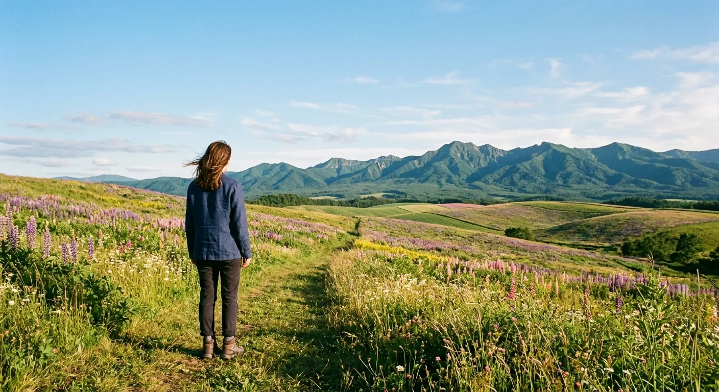 Persona contemplando los campos floridos y las montañas de Hokkaidō, la gran tierra del norte