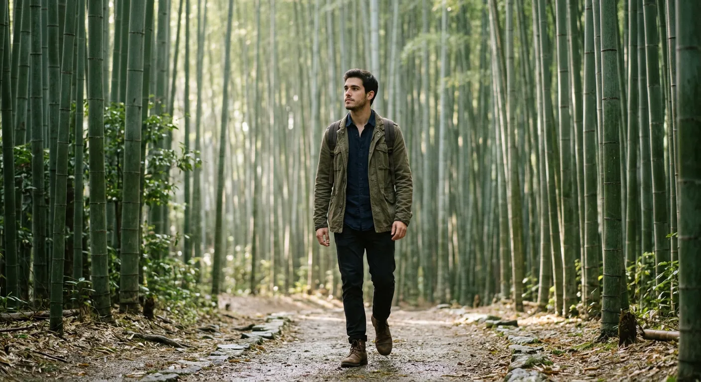 Joven castellano caminando solo por bosque de bambú en Kioto