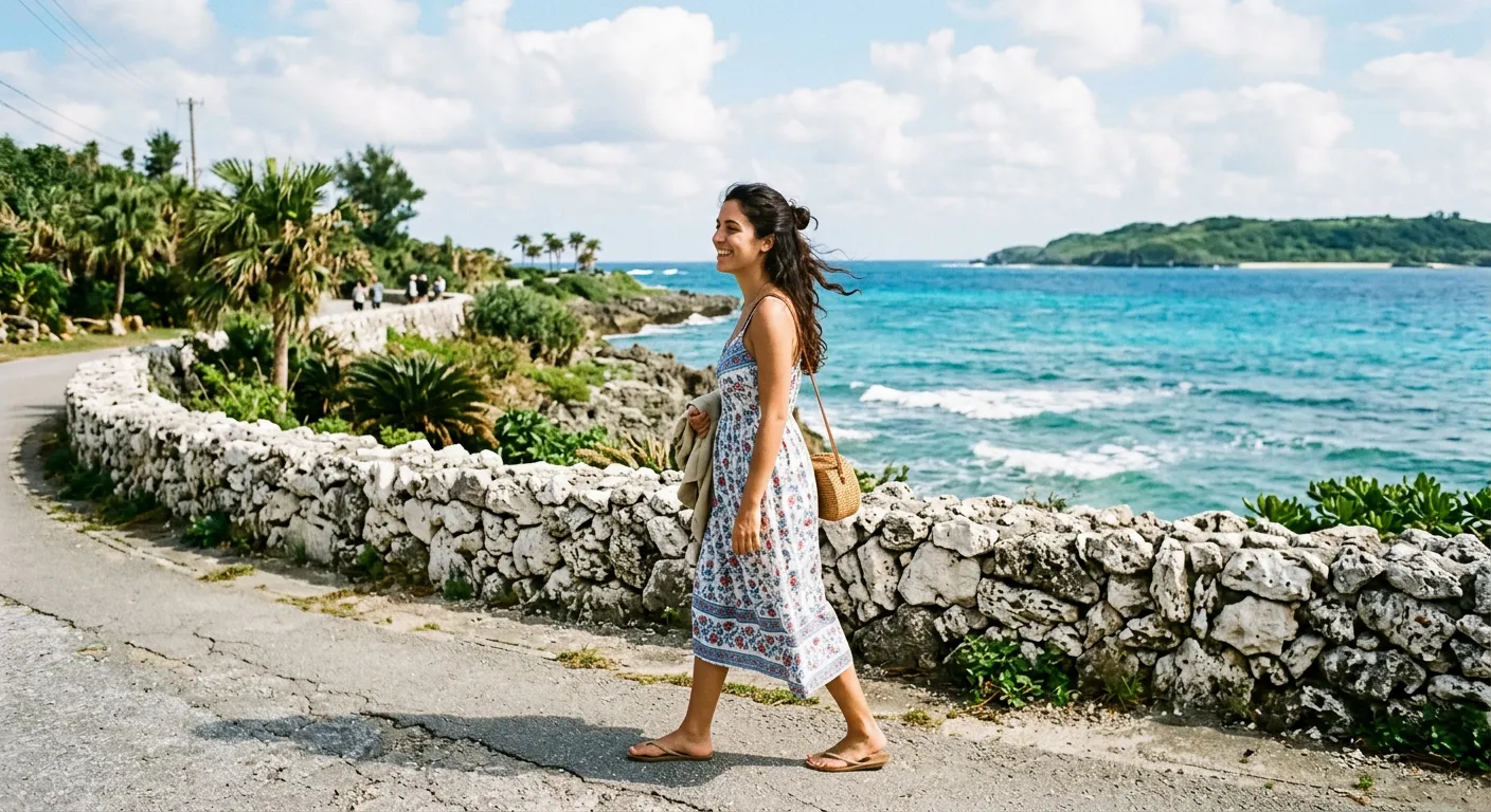 Joven castellana caminando por carretera costera de Okinawa