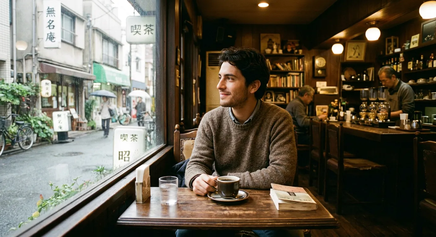 Joven castellano en kissaten de Tokio mirando por ventana con café