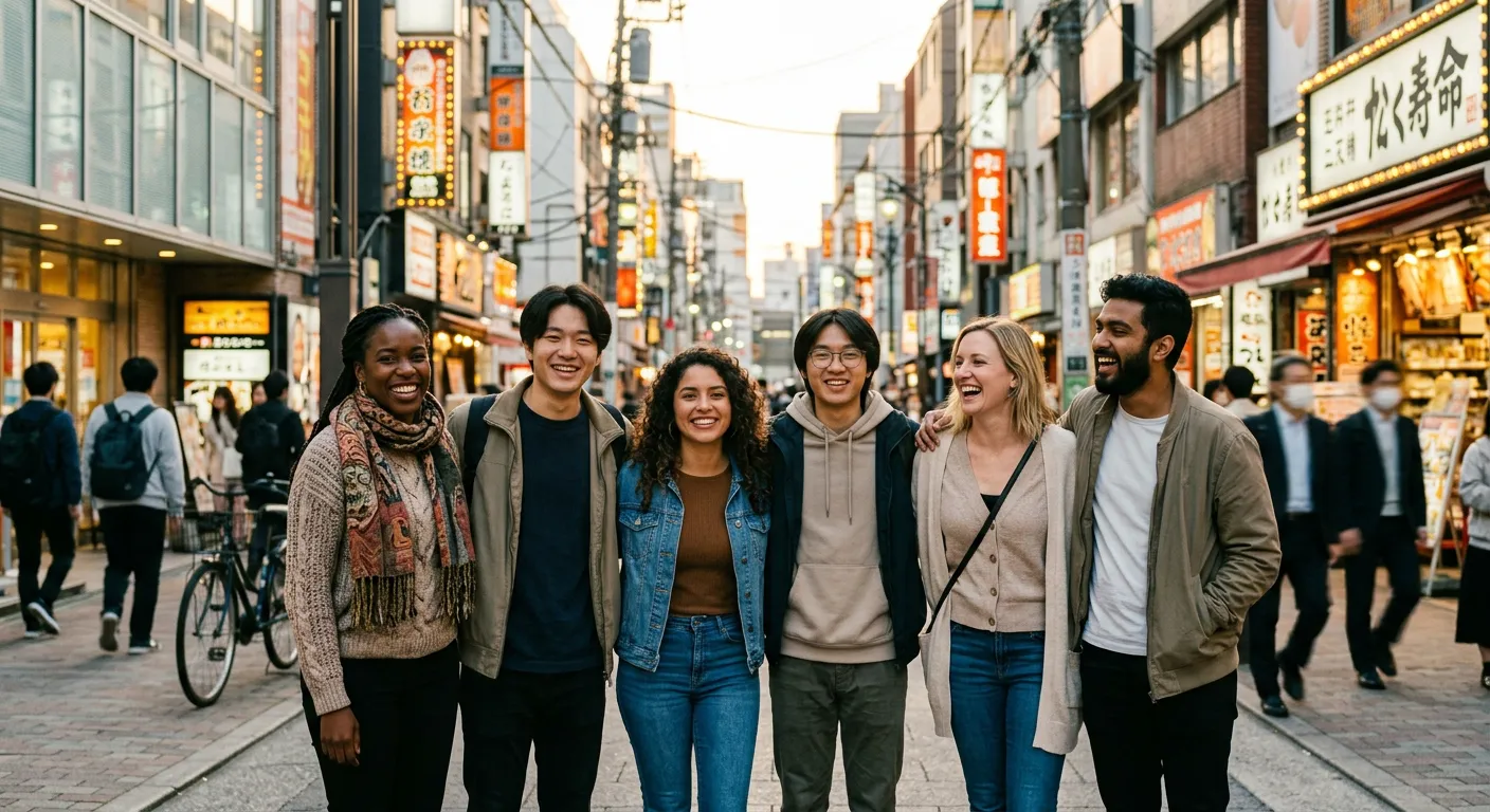 Un grupo multicultural diverso sonrie en una calle japonesa moderna
