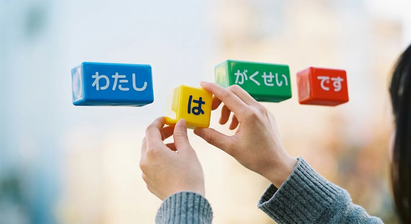 Manos organizando bloques de colores con elementos gramaticales japoneses
