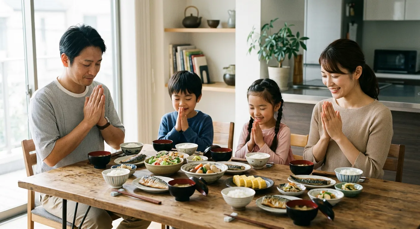 Una familia japonesa junta las manos para decir itadakimasu antes de comer