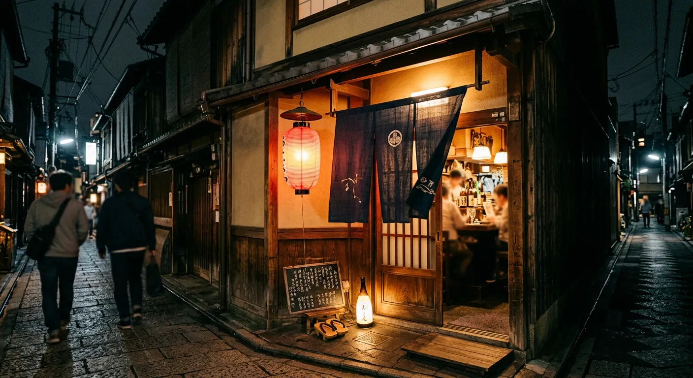 La fachada iluminada de un izakaya japones de noche con farolillo rojo