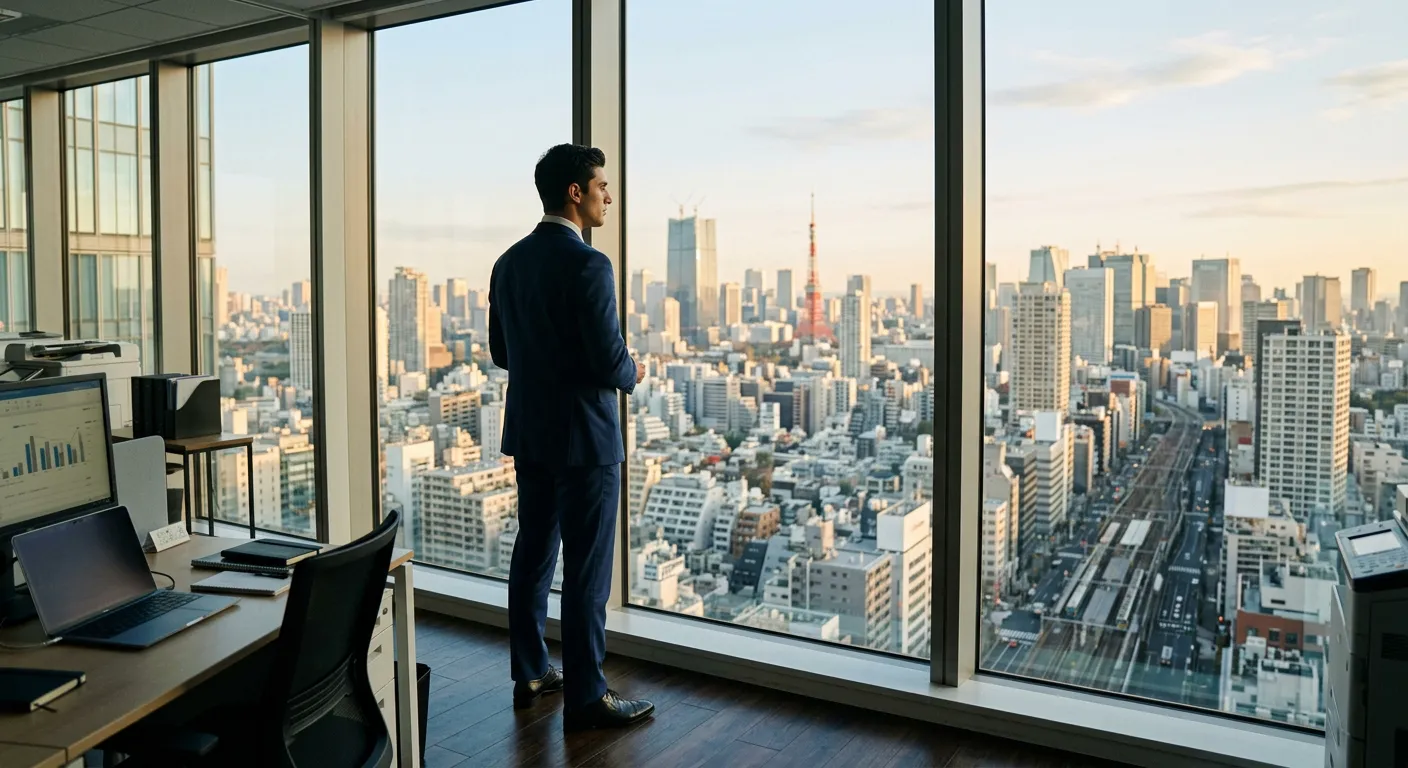 Joven castellano en traje entrando a edificio de oficinas en Tokio