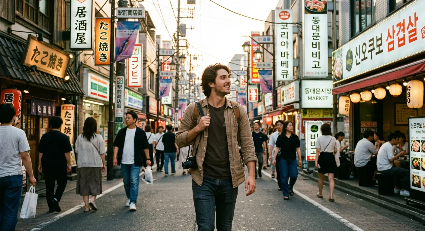 Joven castellano caminando por Shin-Okubo entre carteles japoneses y coreanos