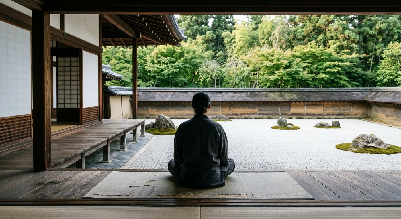 Persona contemplando un jardín zen de grava rastrillada desde la veranda de un templo, los jardines zen y el zazen