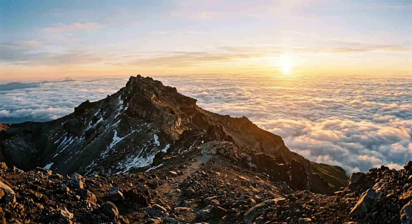Cima del Monte Fuji sobre mar de nubes al amanecer