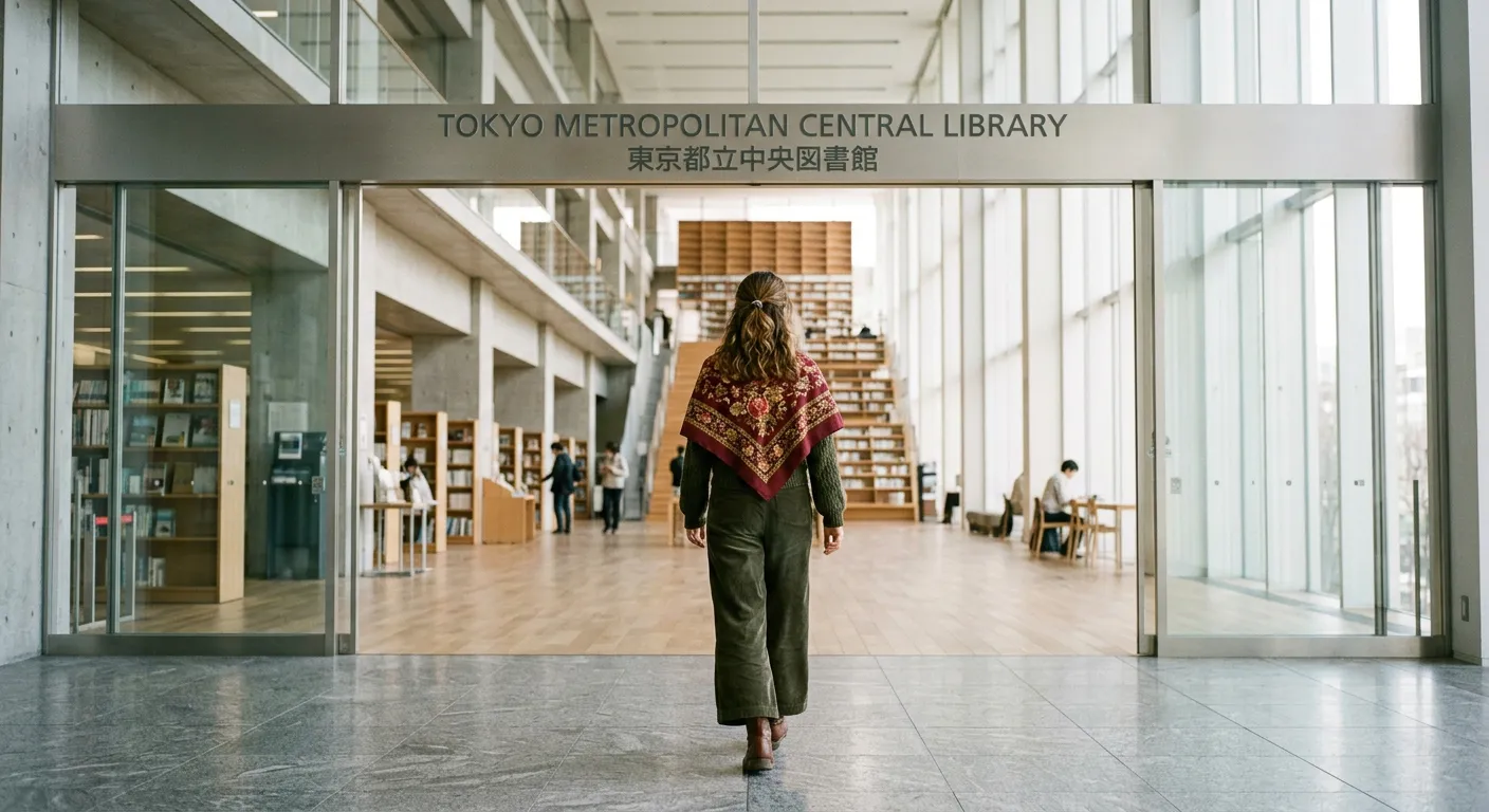 Joven castellana entrando en gran biblioteca moderna de Tokio
