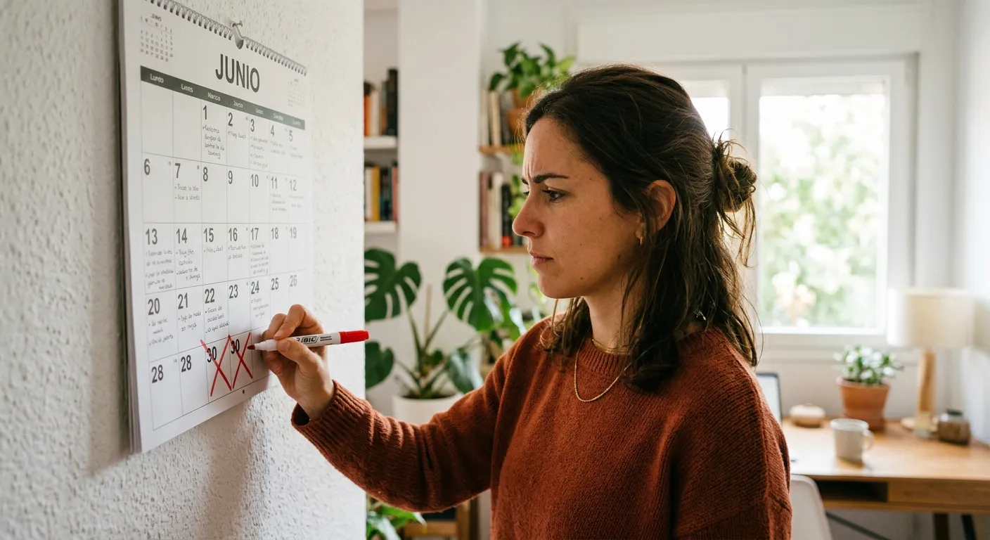 Joven castellana marcando 30 días en calendario con determinación