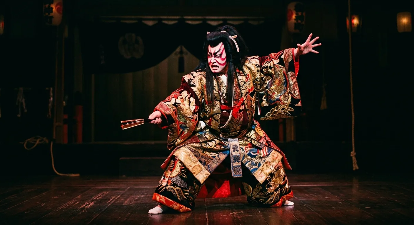 Actor de kabuki con maquillaje kumadori rojo y vestuario ornamentado en una pose mie dramática, el teatro espectacular de Japón