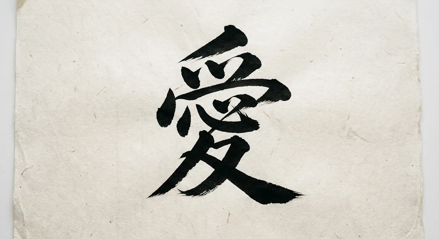 El kanji 愛 (amor) pintado con pincel en tinta negra sobre papel washi