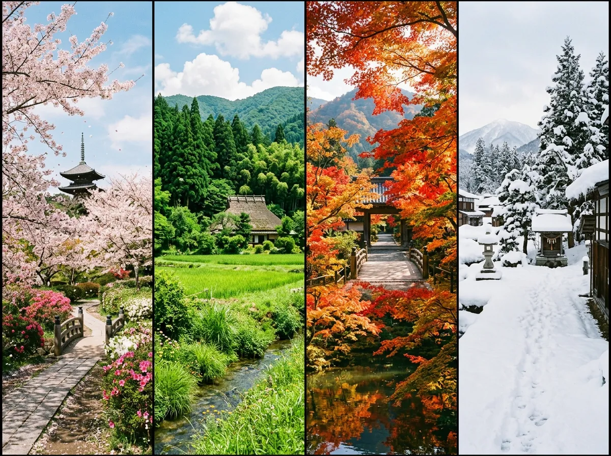 Un mosaico de las cuatro estaciones japonesas, primavera, verano, otono e invierno