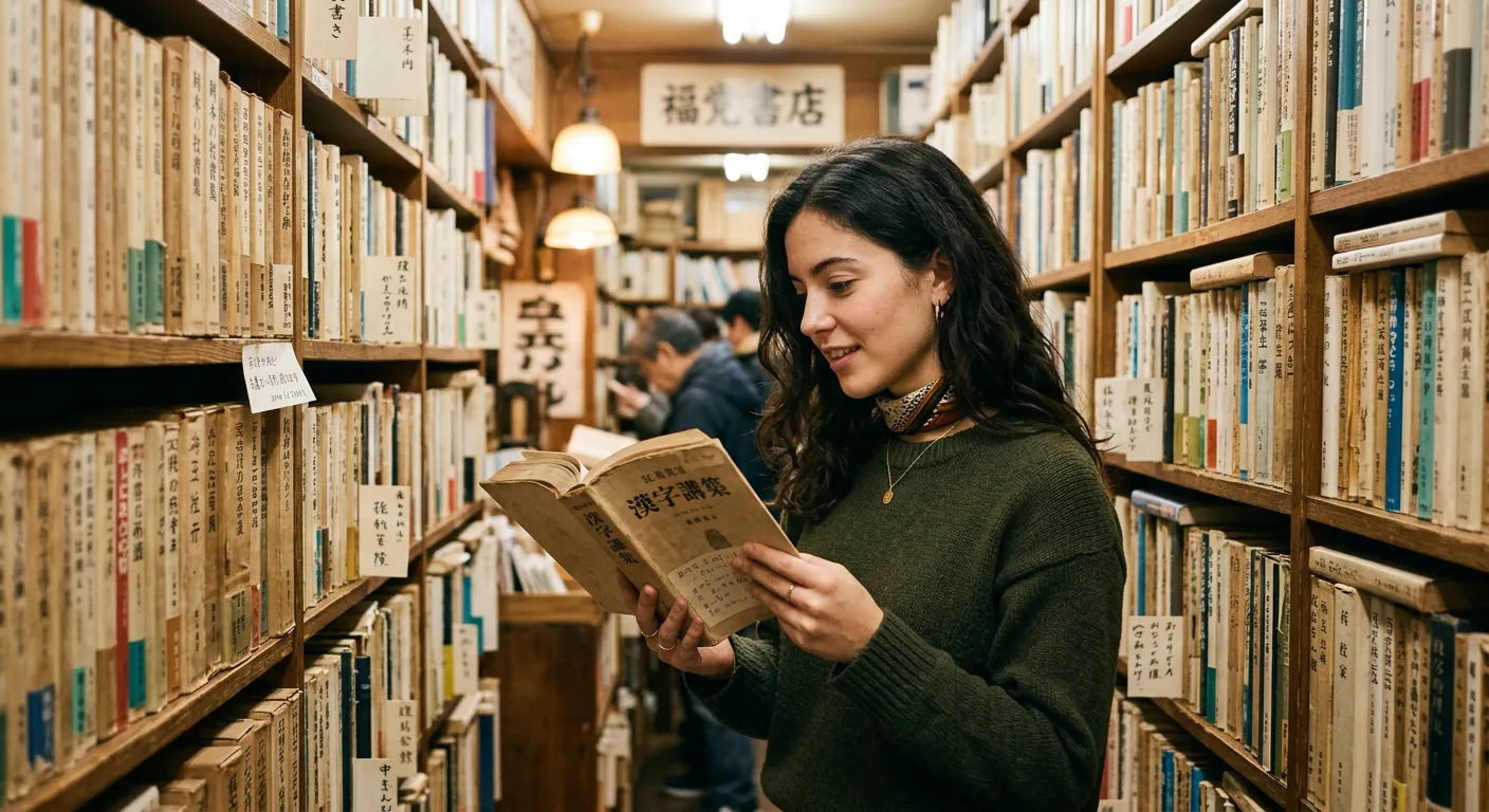 Joven castellana en librería antigua de Tokio con libro de kanji