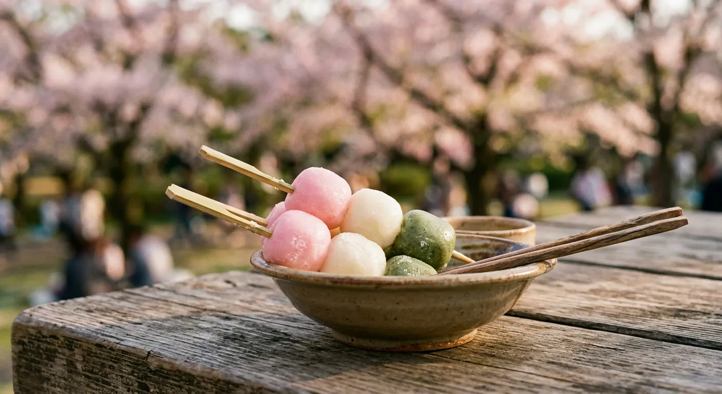 Brochetas de dango con cerezos difuminados, el pragmatismo japones