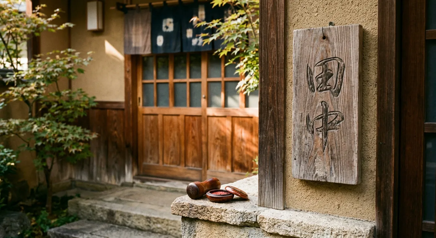 Una placa de nombre japonesa y un sello hanko, los nombres en Japon