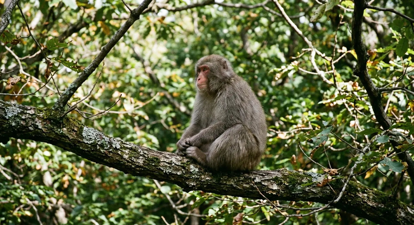 Un mono japones posado con calma en lo alto de un arbol