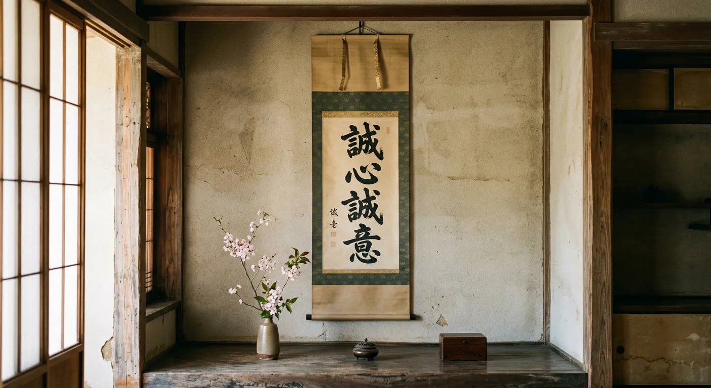 Un pergamino con un yojijukugo, la sabiduria en cuatro kanji