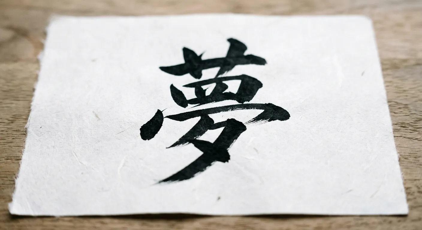 El kanji 夢 (sueno) pintado con pincel en tinta negra sobre papel washi