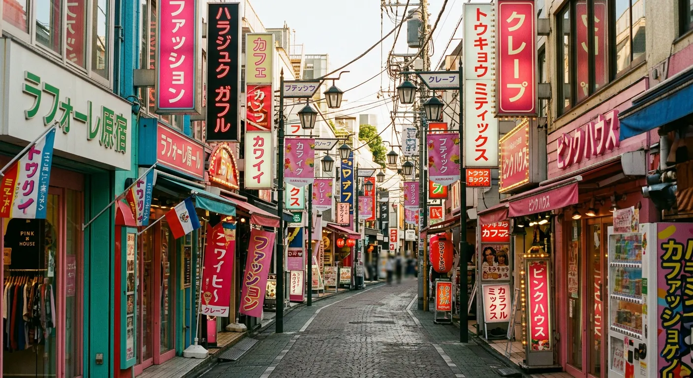 Calle de Harajuku con carteles coloridos en katakana