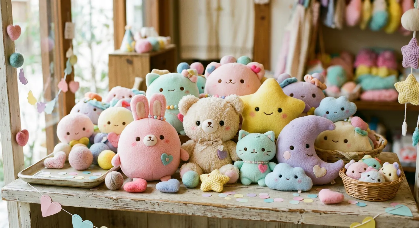 Una escena pastel llena de peluches genericos y tiernos, la estetica kawaii